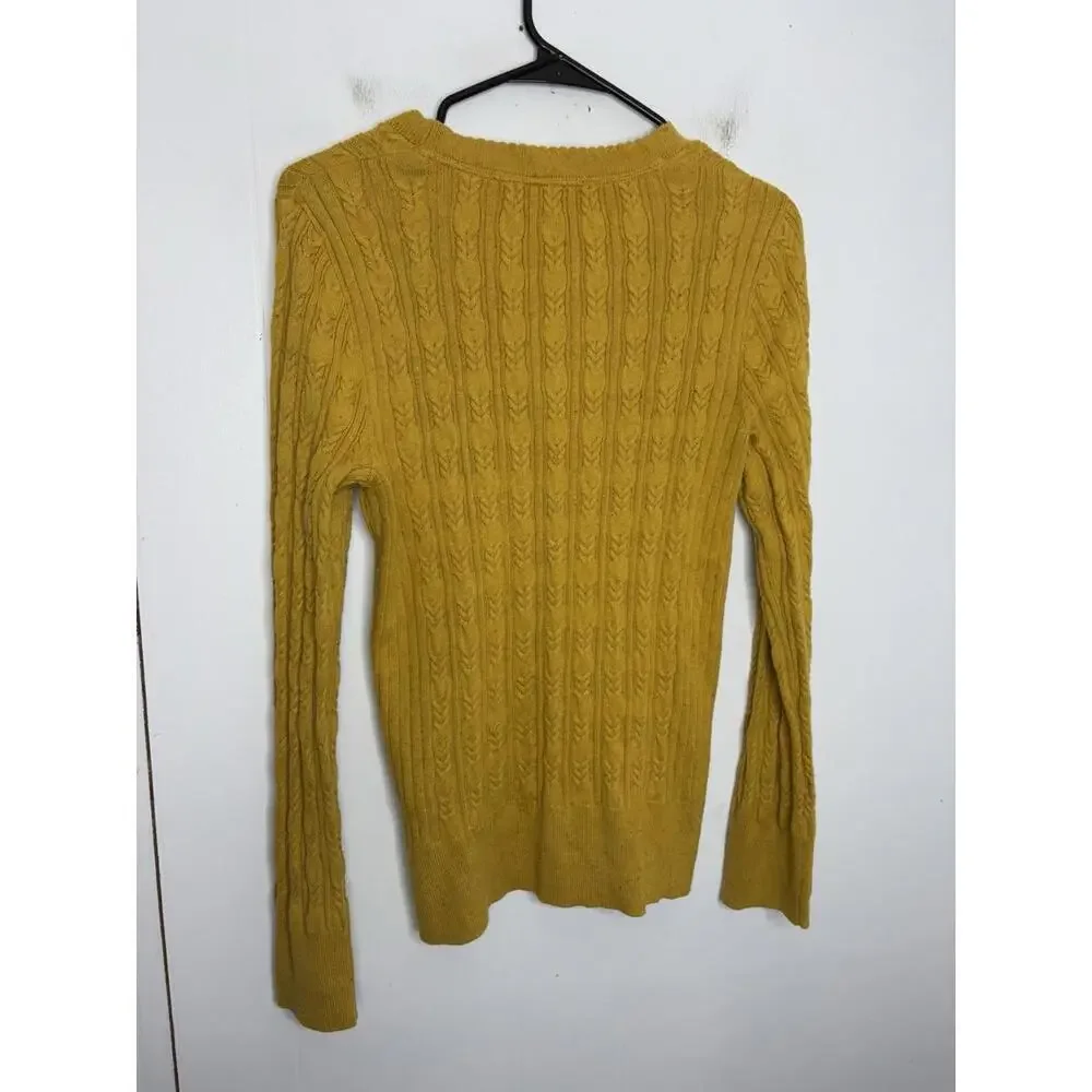 Eddie Bauer Sweater Womens M Cardigan V Neck Mustard Speckled Cableknit Scallop